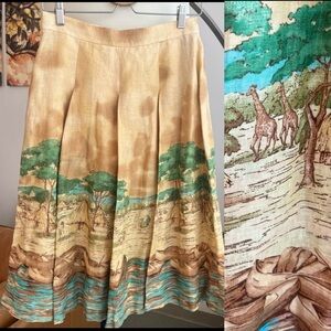 Anne Klein New York Linen Pleated Safari / Africa Patterned Midi Skirt